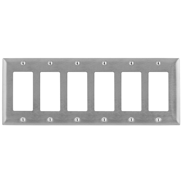 Wallplates and Boxes, Metallic Plates, 6- Gang, 6) GFCI Openings, Standard Size, Stainless Steel